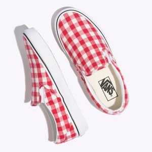 Vans Bayan Kaykay Ayakkabısı Gingham Slip-On Kırmızı/Beyaz | 36055-546